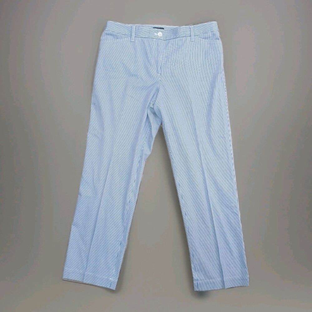 Talbots Seersucker Pants 12P Blue White Market Stripe Ankle Slim Leg Golfcore